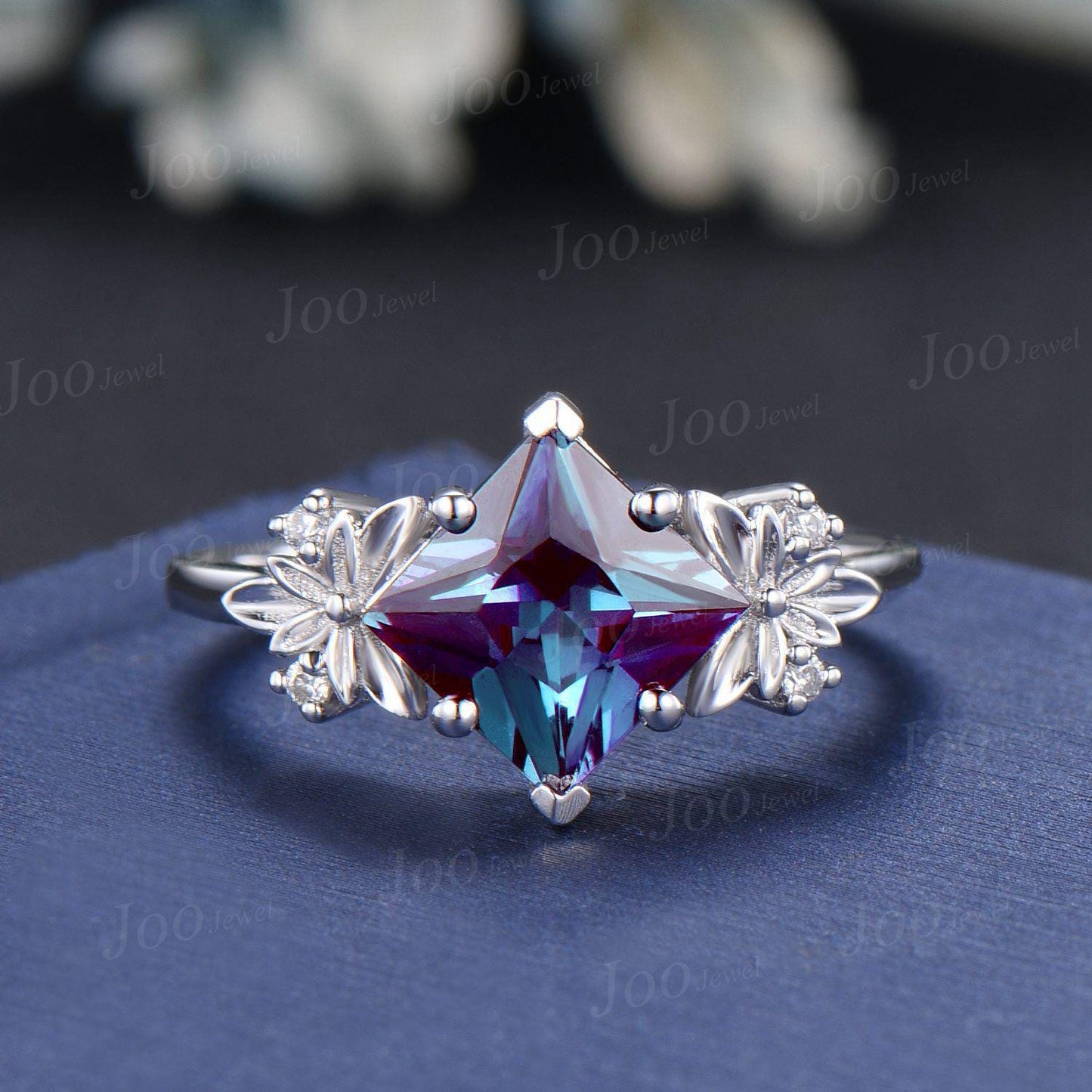 Princess Cut Alexandrite Diamond Trinity Celtic Knot Engagement Ring 14K Rose Gold Scottish Irish Leaf Branch Ring Unique Anniversary Gifts
