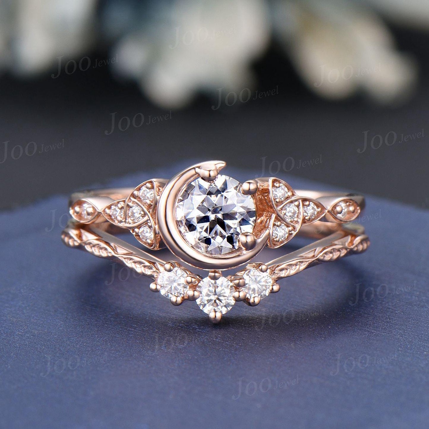 Celtic Moon Moissanite Engagement Ring Set 14K Real Rose Gold Round Cut Moissanite Wedding Ring Trinity Knot Bridal Set Unique Proposal Ring
