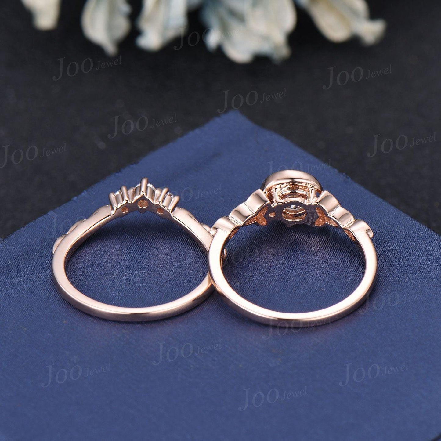 Celtic Moon Moissanite Engagement Ring Set 14K Real Rose Gold Round Cut Moissanite Wedding Ring Trinity Knot Bridal Set Unique Proposal Ring