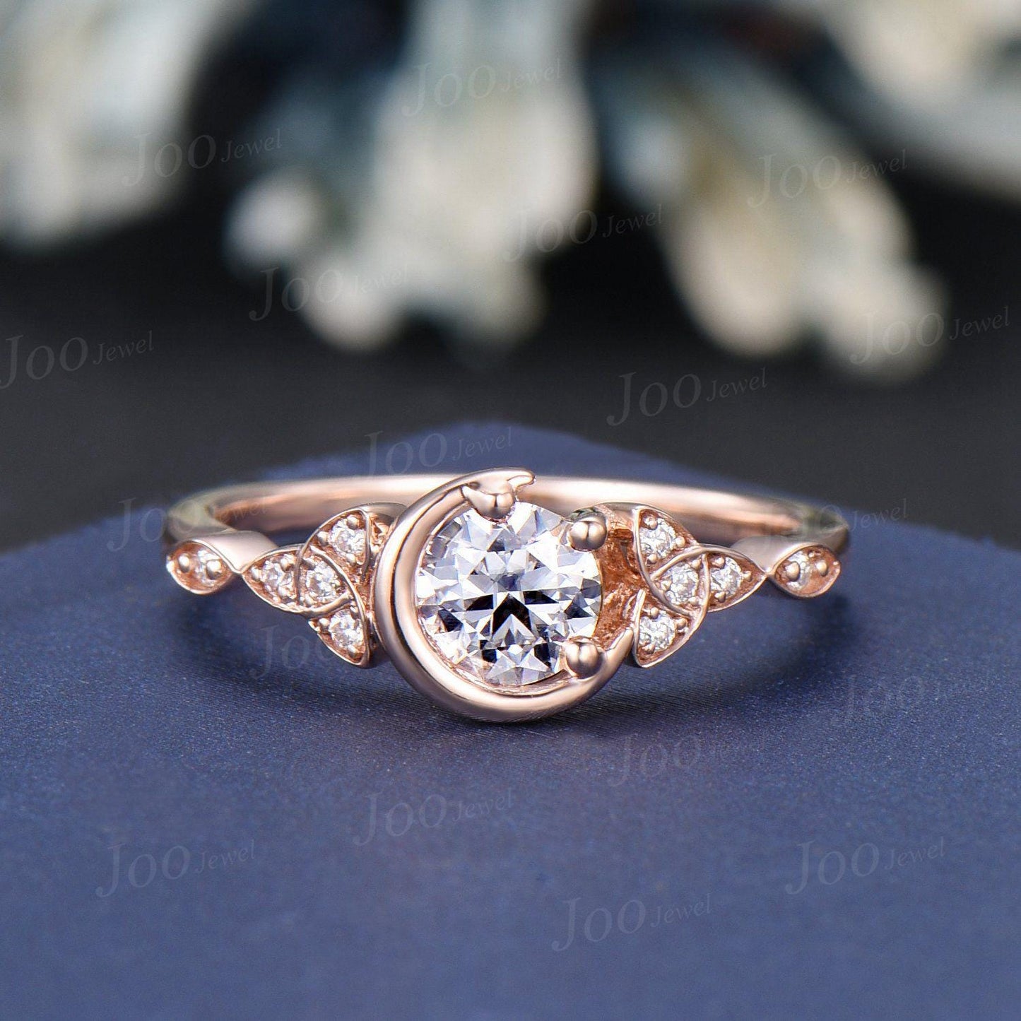 Celtic Moon Moissanite Engagement Ring Set 14K Real Rose Gold Round Cut Moissanite Wedding Ring Trinity Knot Bridal Set Unique Proposal Ring