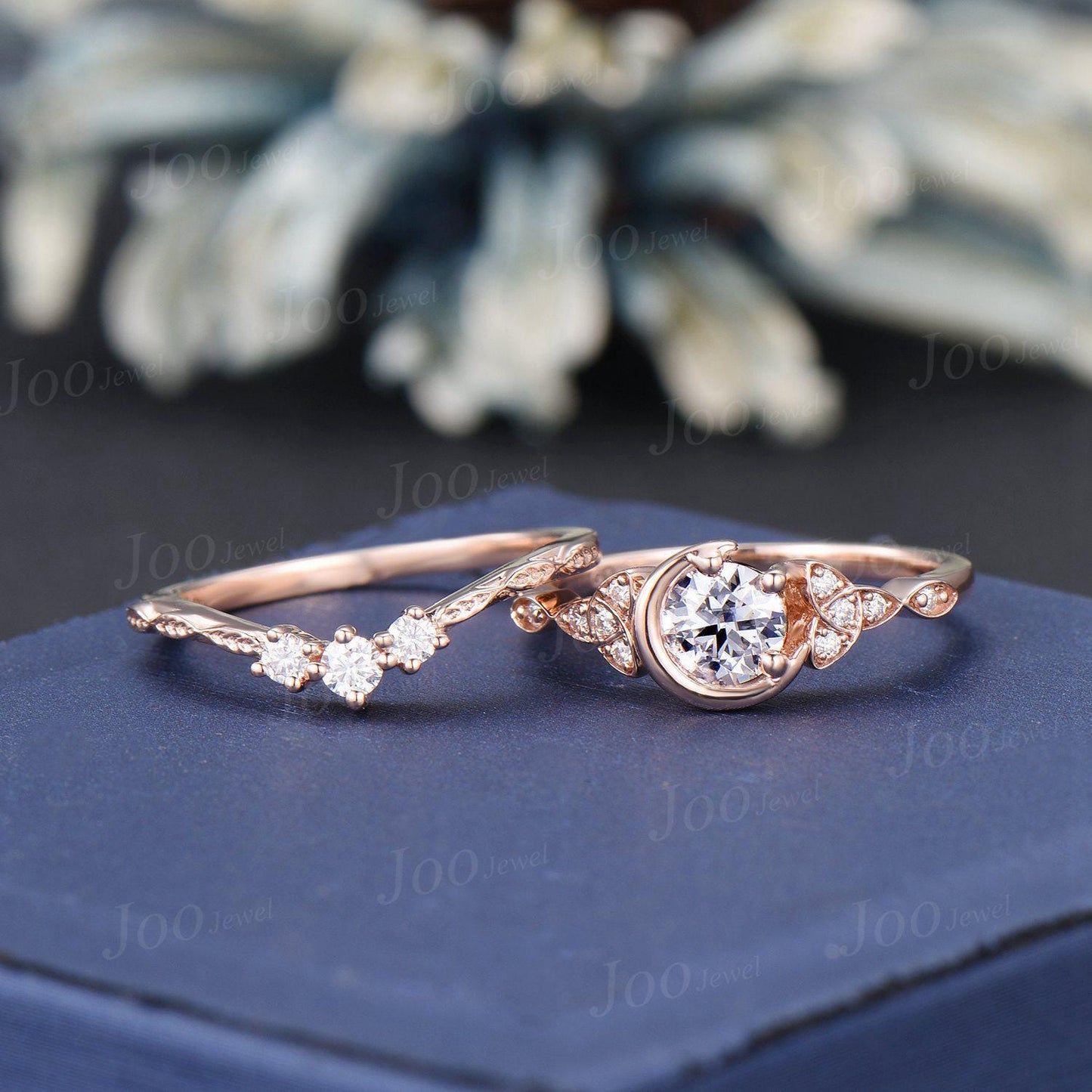 Celtic Moon Moissanite Engagement Ring Set 14K Real Rose Gold Round Cut Moissanite Wedding Ring Trinity Knot Bridal Set Unique Proposal Ring