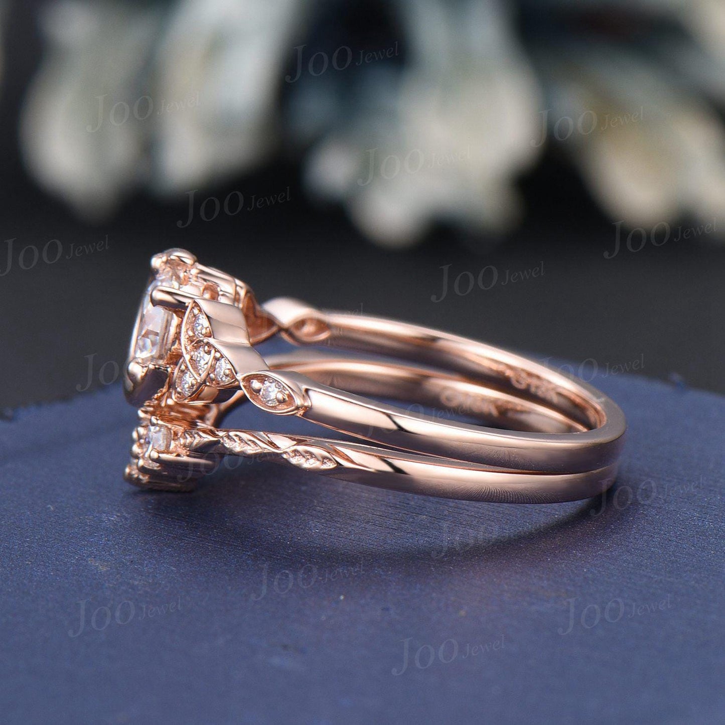 Celtic Moon Moissanite Engagement Ring Set 14K Real Rose Gold Round Cut Moissanite Wedding Ring Trinity Knot Bridal Set Unique Proposal Ring