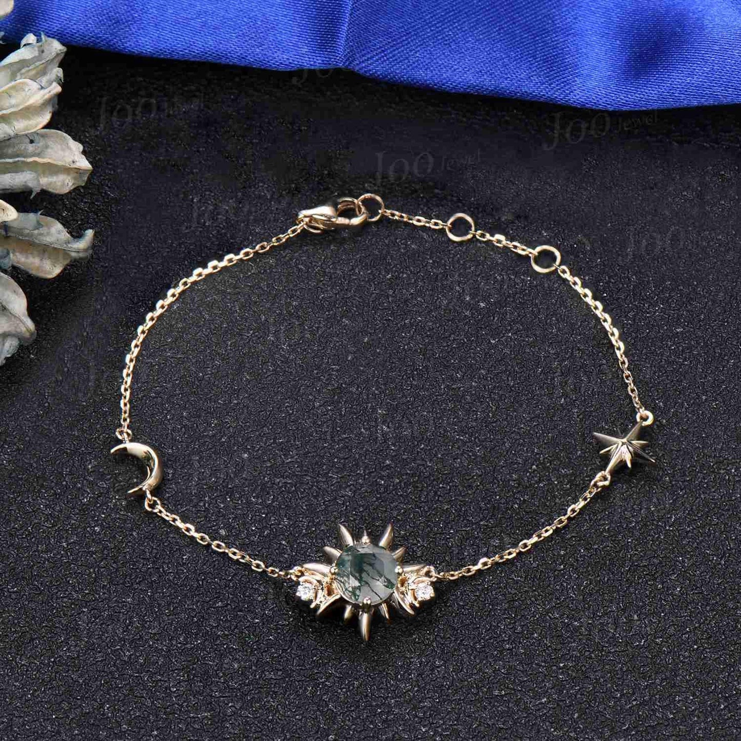 Moon & Sun Bracelet 14K Yellow Gold Adjustable Bracelet Round Cut Natural Moss Agate Chain Bracelet for Women Unique Summer Charm Bracelets