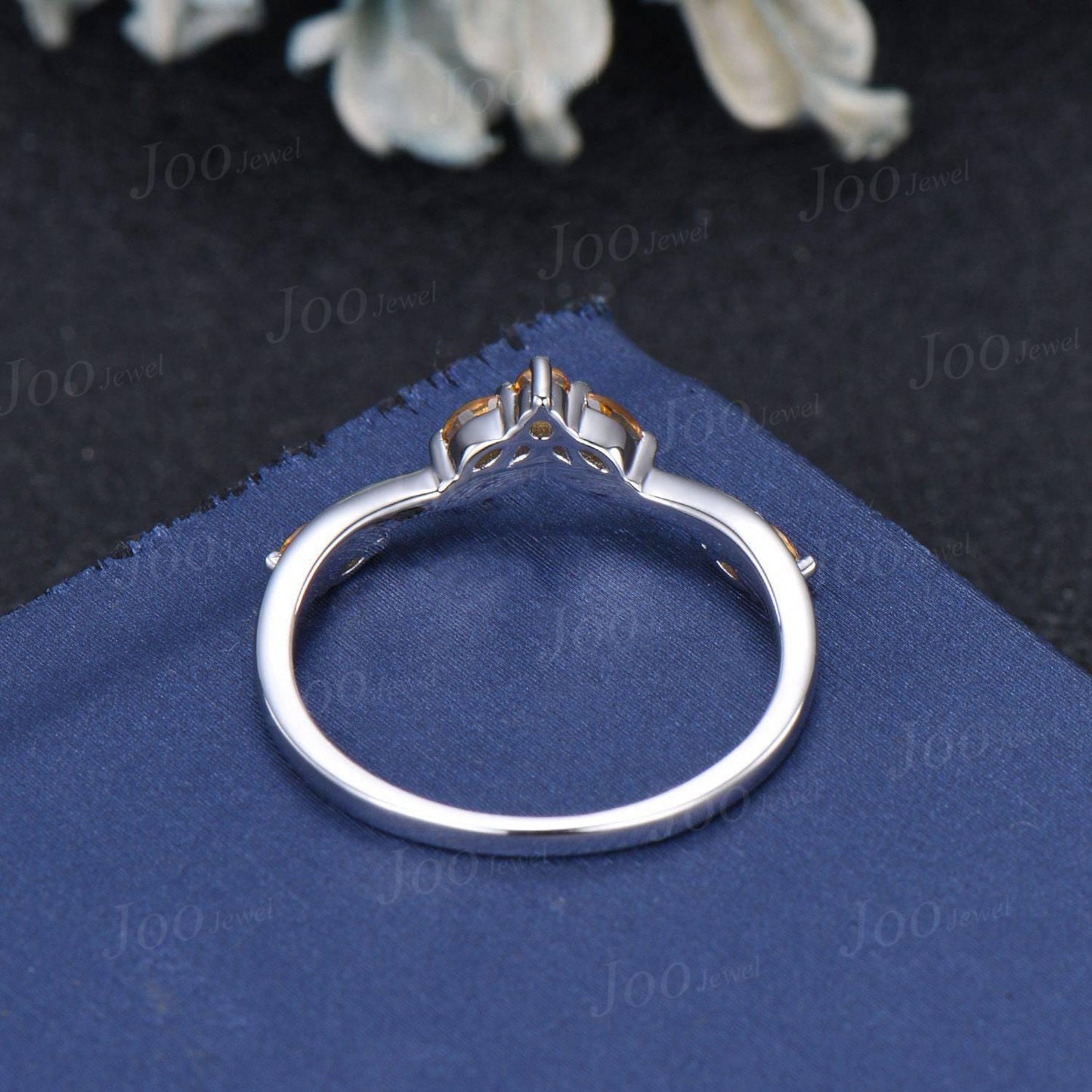 Marquise Cut Natural Yellow Crystal Contour Wedding Band 10K White Gold Citrine Nesting Band Vintage Stacking Matching Bridal Gift for Women