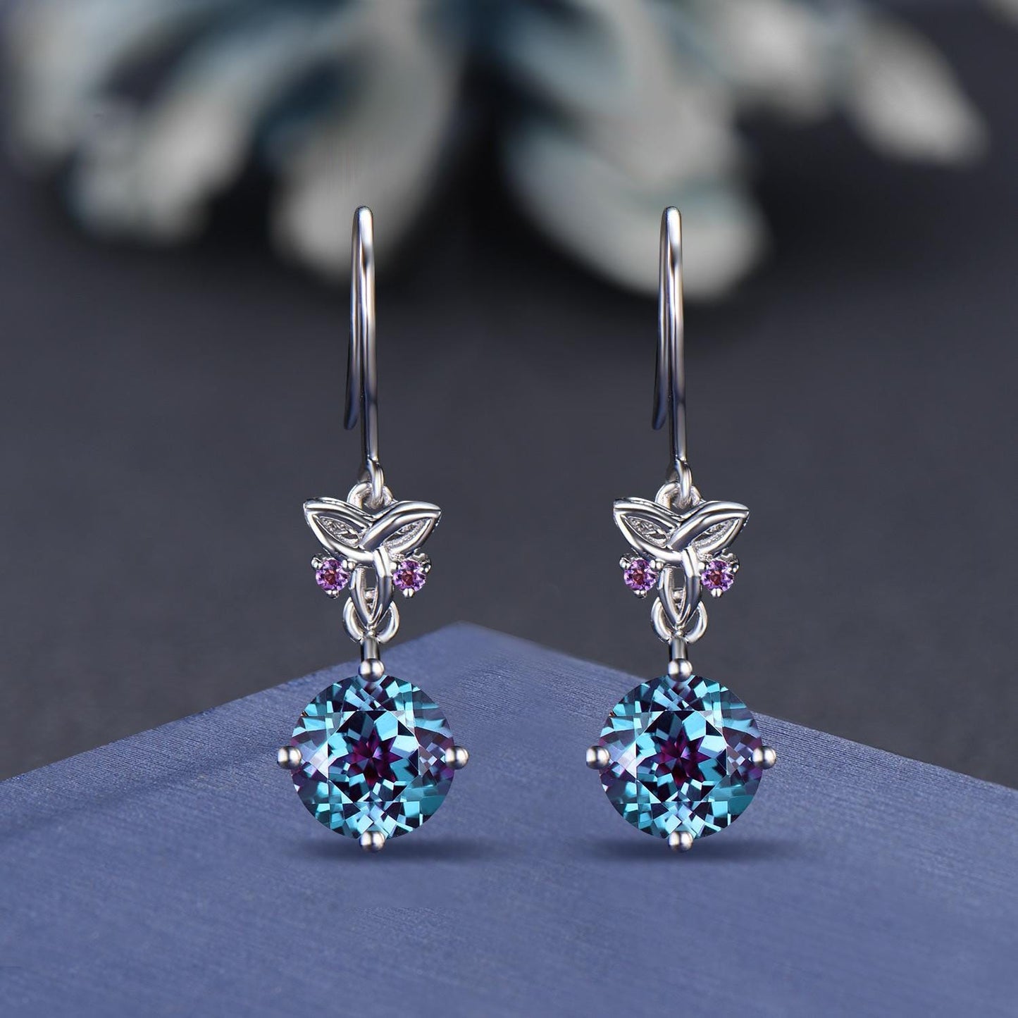 Celtic Trinity Knot Color-Change Alexandrite Hook Drop Earrings Kite Alexandrite Amethyst Earrings Silver Gemstone Dangle Earrings for Women