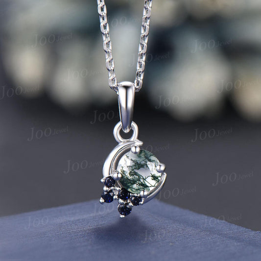 6.5mm Round Natural Moss Agate Sandstone Pendant Necklace Sterling Silver Celestial Moon Jewelry Green Crystal Crescent Moon Healing Pendant