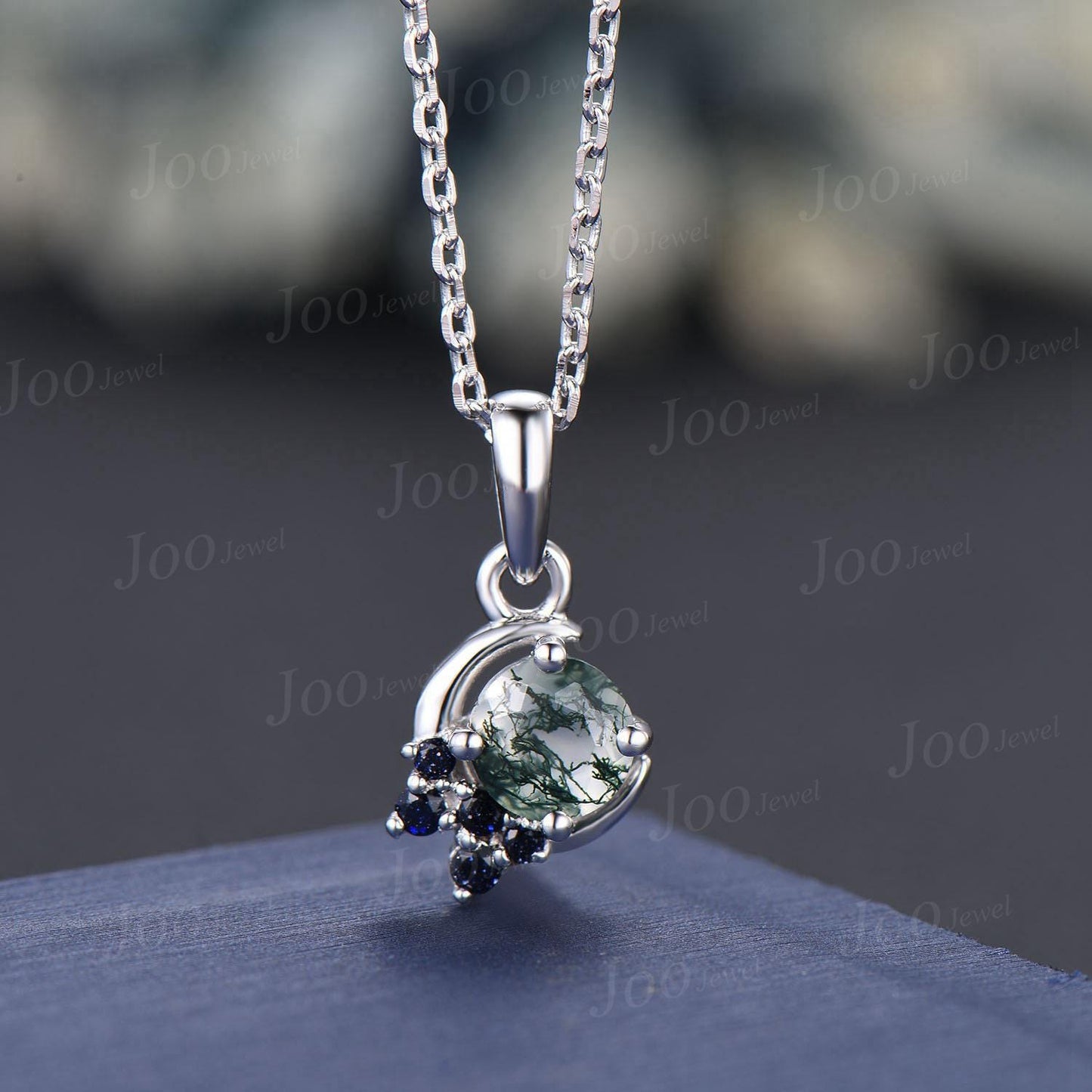 6.5mm Round Natural Moss Agate Sandstone Pendant Necklace Sterling Silver Celestial Moon Jewelry Green Crystal Crescent Moon Healing Pendant