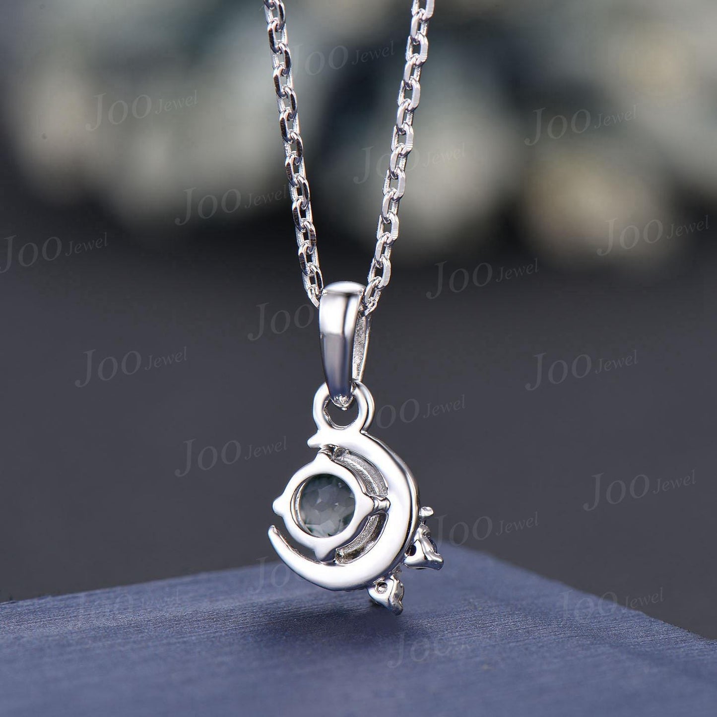 6.5mm Round Natural Moss Agate Sandstone Pendant Necklace Sterling Silver Celestial Moon Jewelry Green Crystal Crescent Moon Healing Pendant