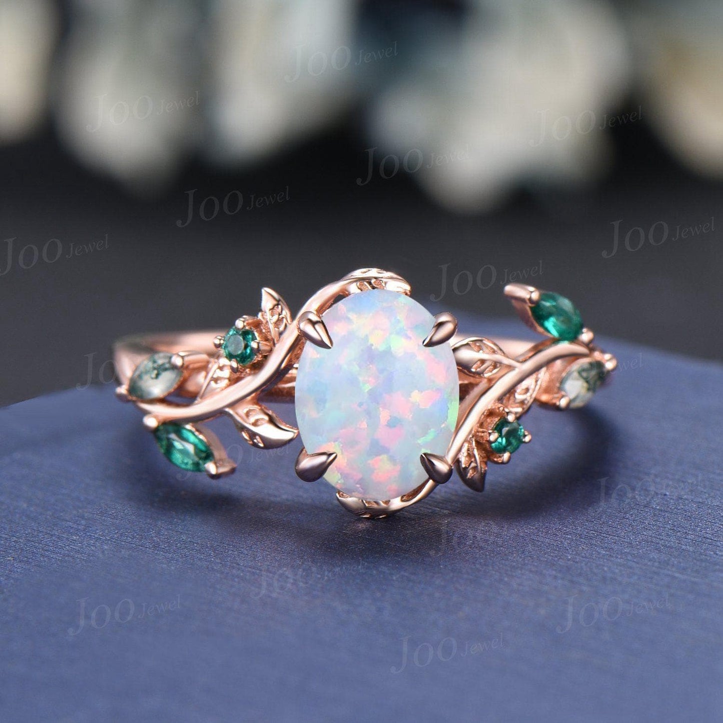 1.5ct Oval Cut White Opal Bridal Ring Set 10K Rose Gold Branch Engagement Ring Emerald Opal Wedding Ring Moss Agate Wedding Band for Women