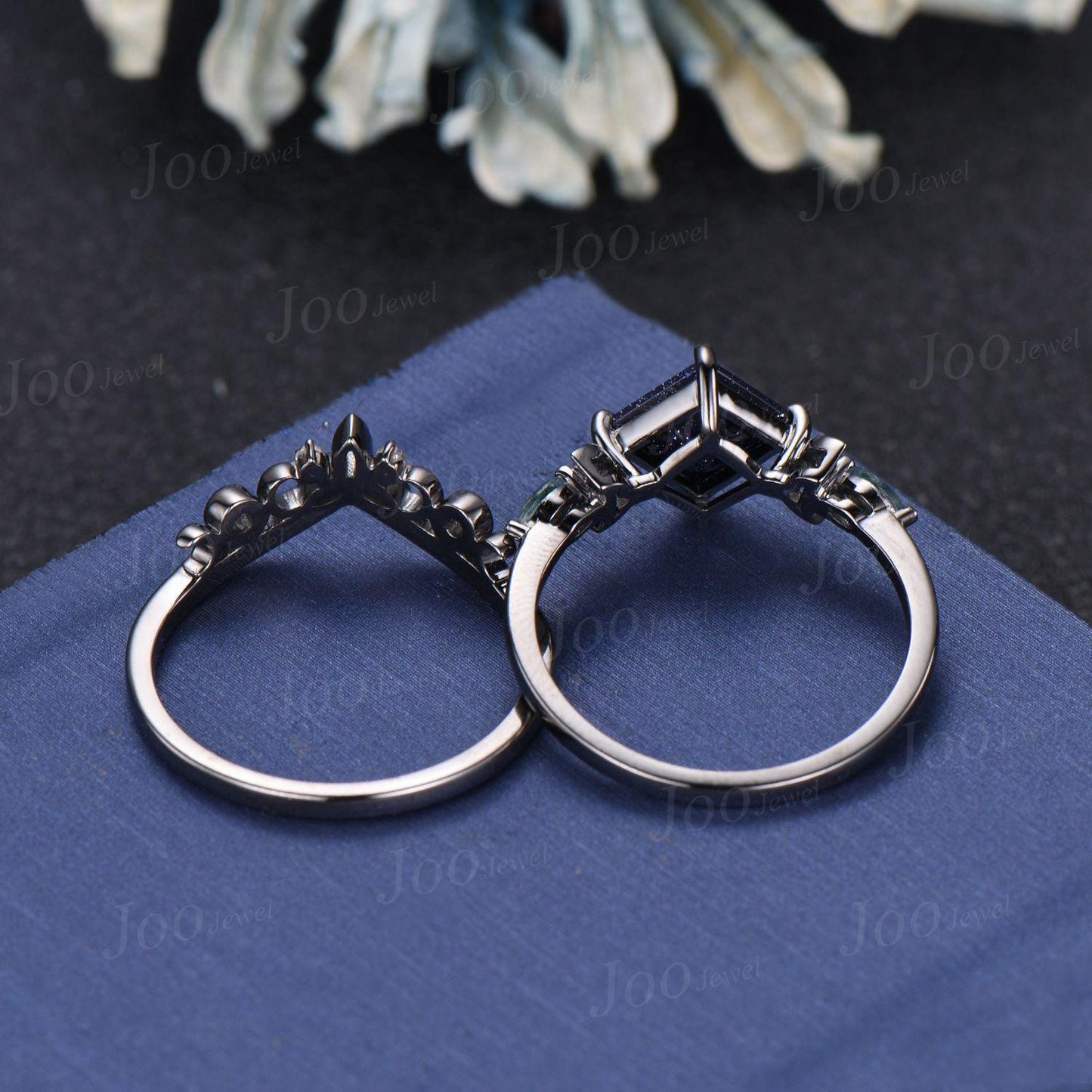 2ct Princess Cut Galaxy Blue Sandstone Celestial Engagement Ring Set Triple Moon Band Gothic Black Gold Blue Goldstone Moon Phase Ring Women