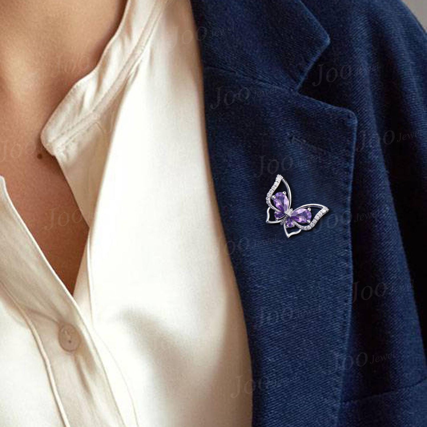 Natural Pear Amethyst Brooch Butterfly Animal Pins Sterling Silver Purple Crystal Brooches for Lady Women Dress Shirt Bag Personalized Gifts