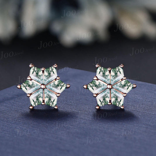 Moss Agate Stud Earrings Vintage Sterling Silver Snowflake Earrings Kite Cut Natural Green Gemstone Earrings for Women Christmas Earrings