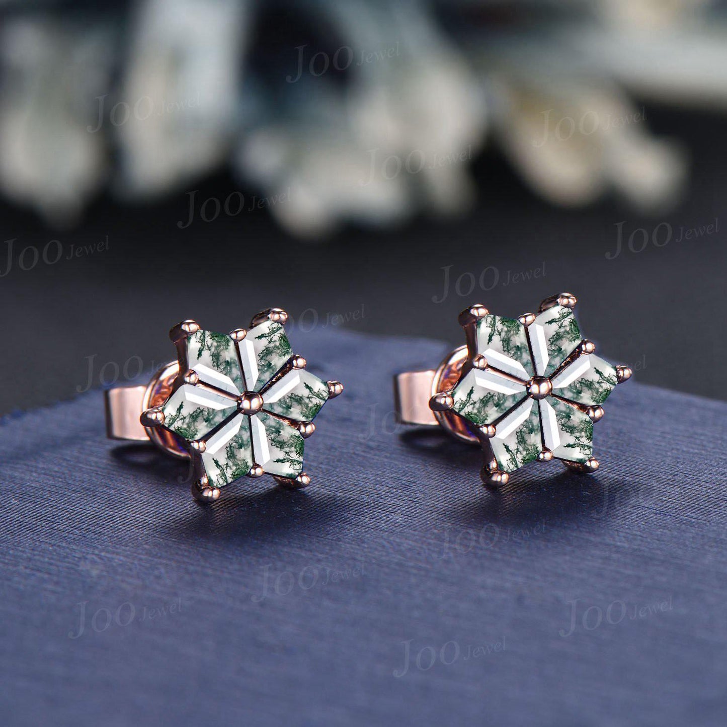 Moss Agate Stud Earrings Vintage Sterling Silver Snowflake Earrings Kite Cut Natural Green Gemstone Earrings for Women Christmas Earrings