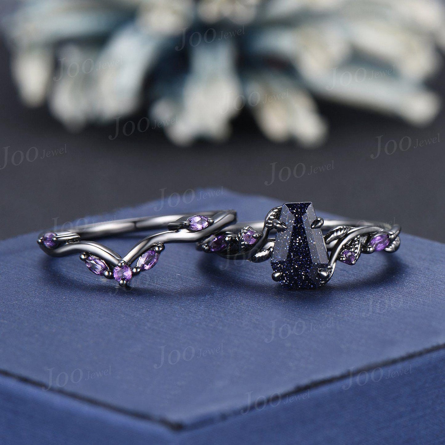 Coffin Cut Blue Goldstone Ring Set Nature Inspired Galaxy Blue Sandstone Amethyst Bridal Set Leaf Vine Black Gold Gothic Wedding Ring Set