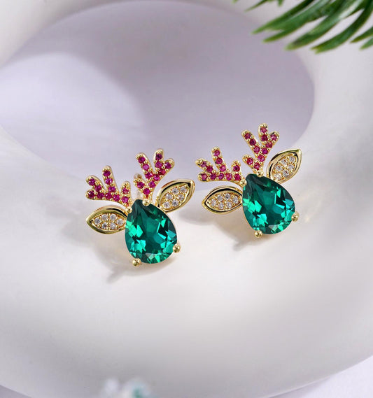 2pcs Deer Earrings 10K/14K/18K Solid Gold Ruby Emerald Reindeer Earrings Unique Sterling Silver Gemstone Christmas Earrings Gift for Family