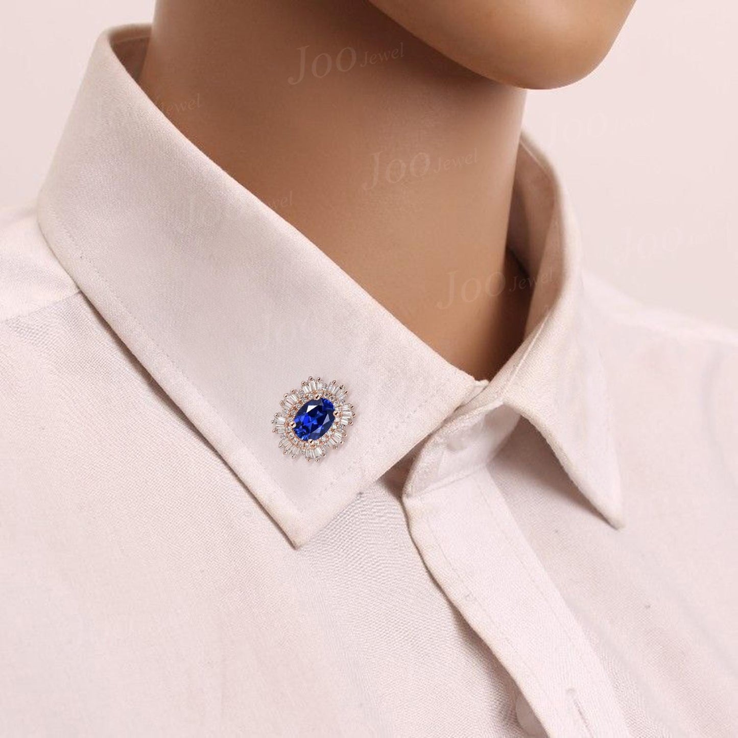 Oval Royal Blue Sapphire Moissanite Brooch September Birthstone Birthday Gift Halo Sapphire Pin Clip for Women 14K Rose Gold Vintage Jewelry