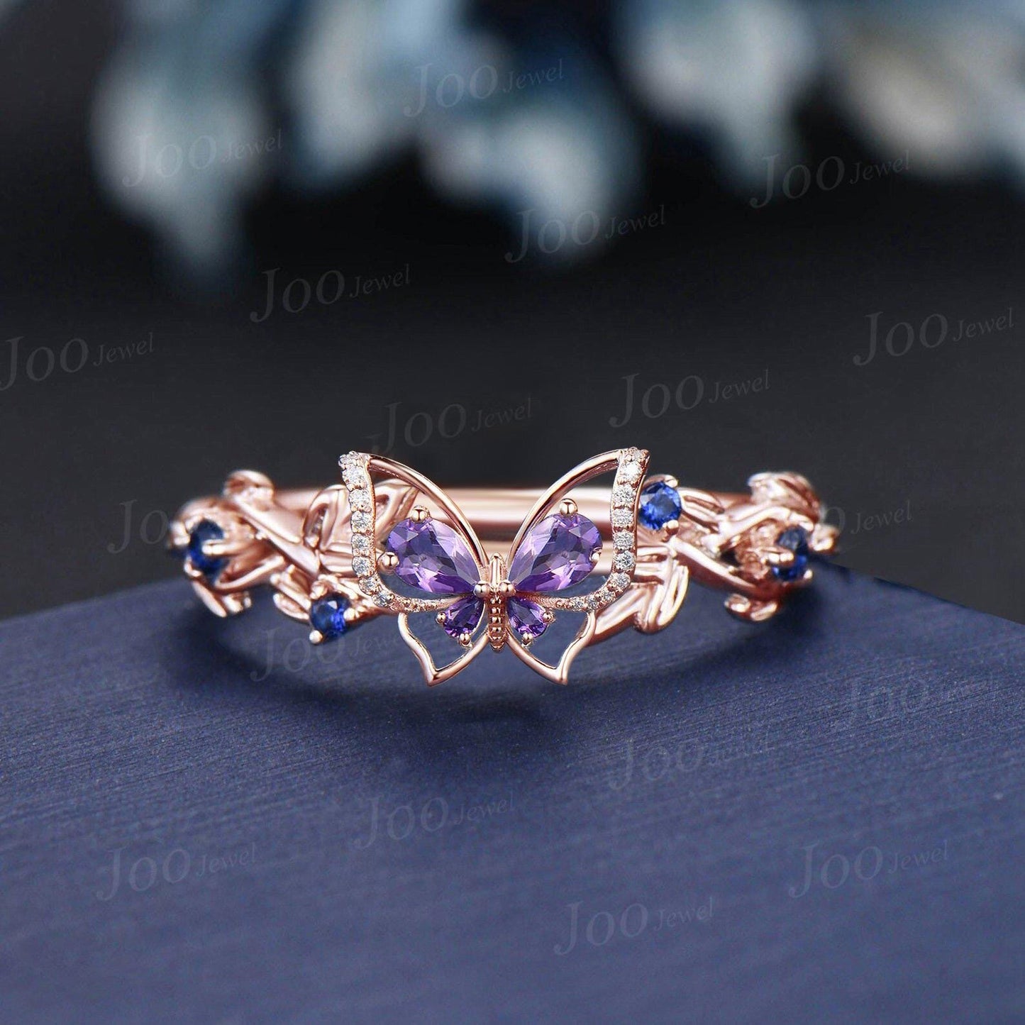 Nature Inspired Pear Natural Amethyst Ring Silver Butterfly Engagement Ring Leaf Vine Wedding Ring Unique February Birthstone Birthday Gifts