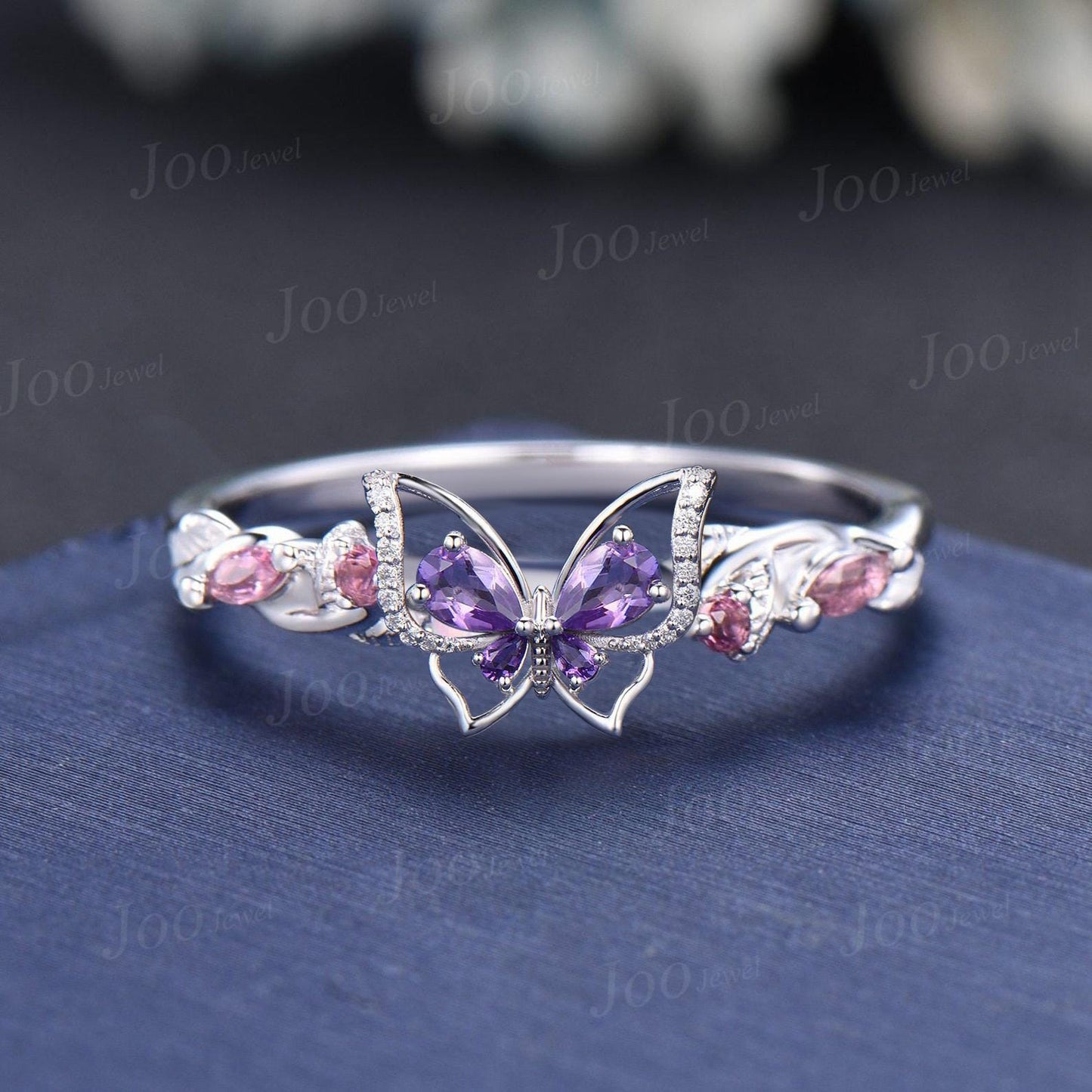 Pear Cut Natural Amethyst Moissanite Ring Set 10K White Gold Butterfly Promise Ring Twig Vine Wedding Ring Unique Fantasy Fairy Bridal Set