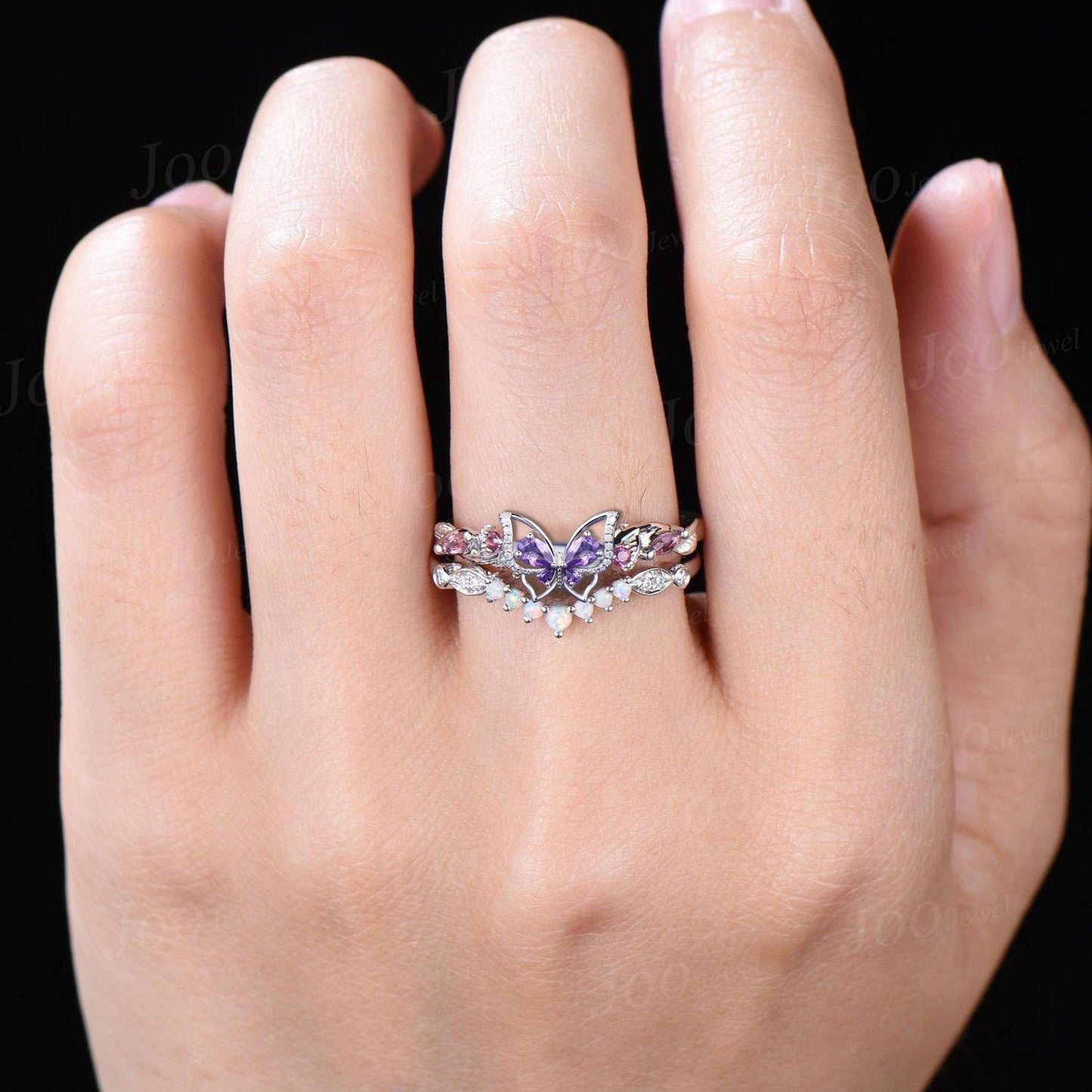 Pear Cut Natural Amethyst Moissanite Ring Set 10K White Gold Butterfly Promise Ring Twig Vine Wedding Ring Unique Fantasy Fairy Bridal Set