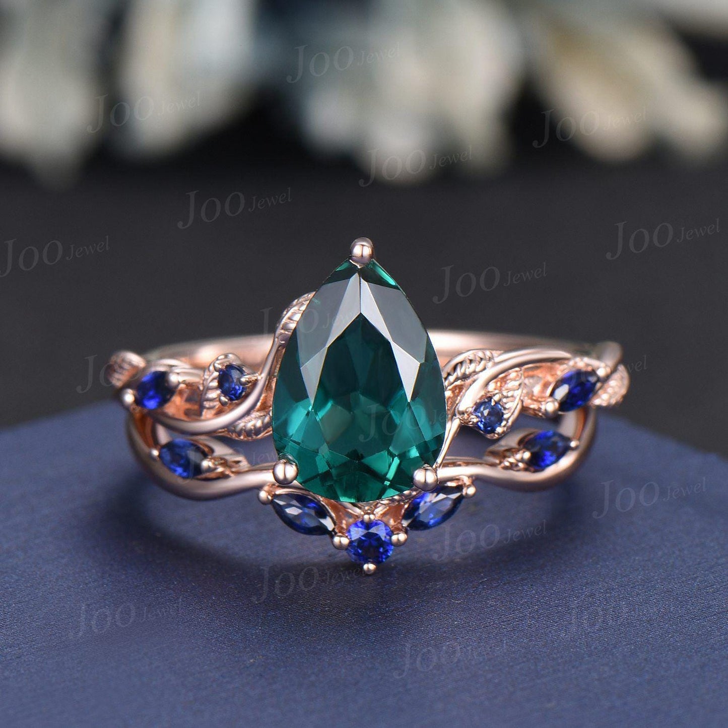 7*10MM Pear Cut Green Emerald Engagement Ring Set Twig Vine Leaf Blue Sapphire Wedding Band Teardrop Bridal Ring May Birthstone Gift Women