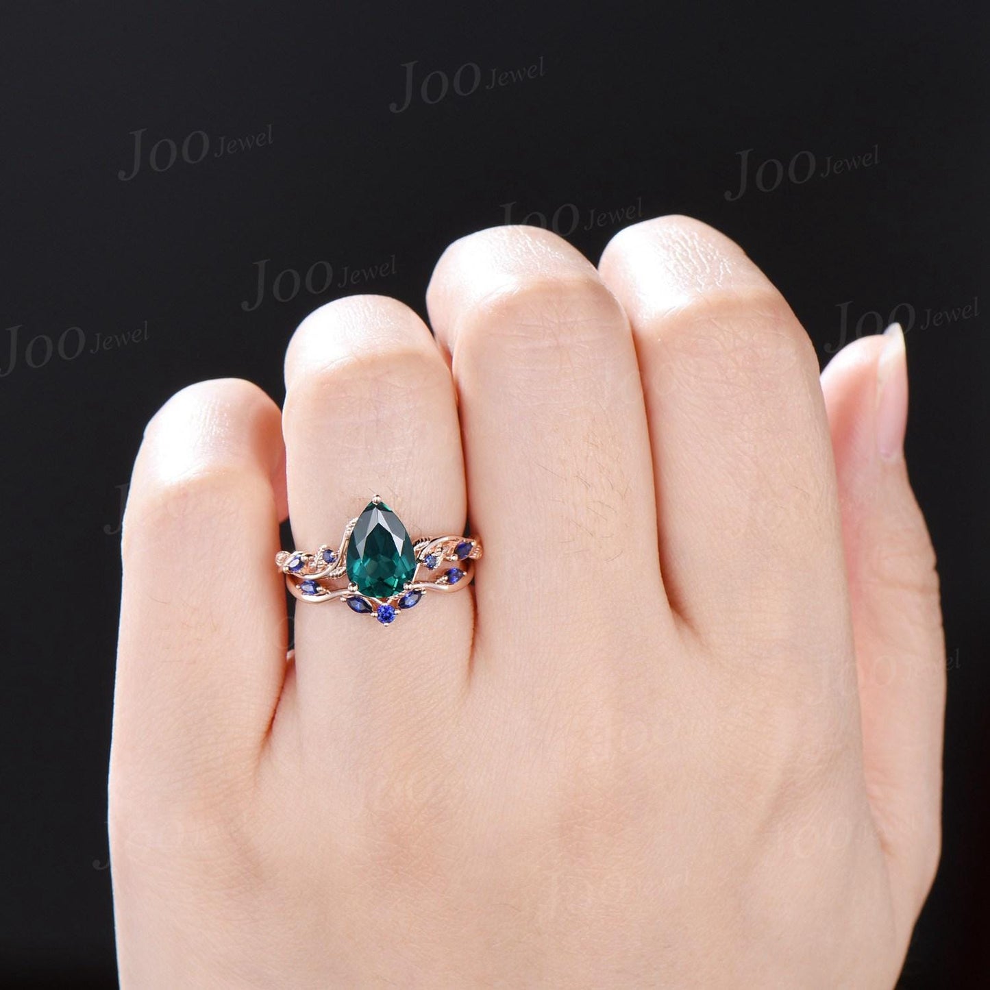 7*10MM Pear Cut Green Emerald Engagement Ring Set Twig Vine Leaf Blue Sapphire Wedding Band Teardrop Bridal Ring May Birthstone Gift Women