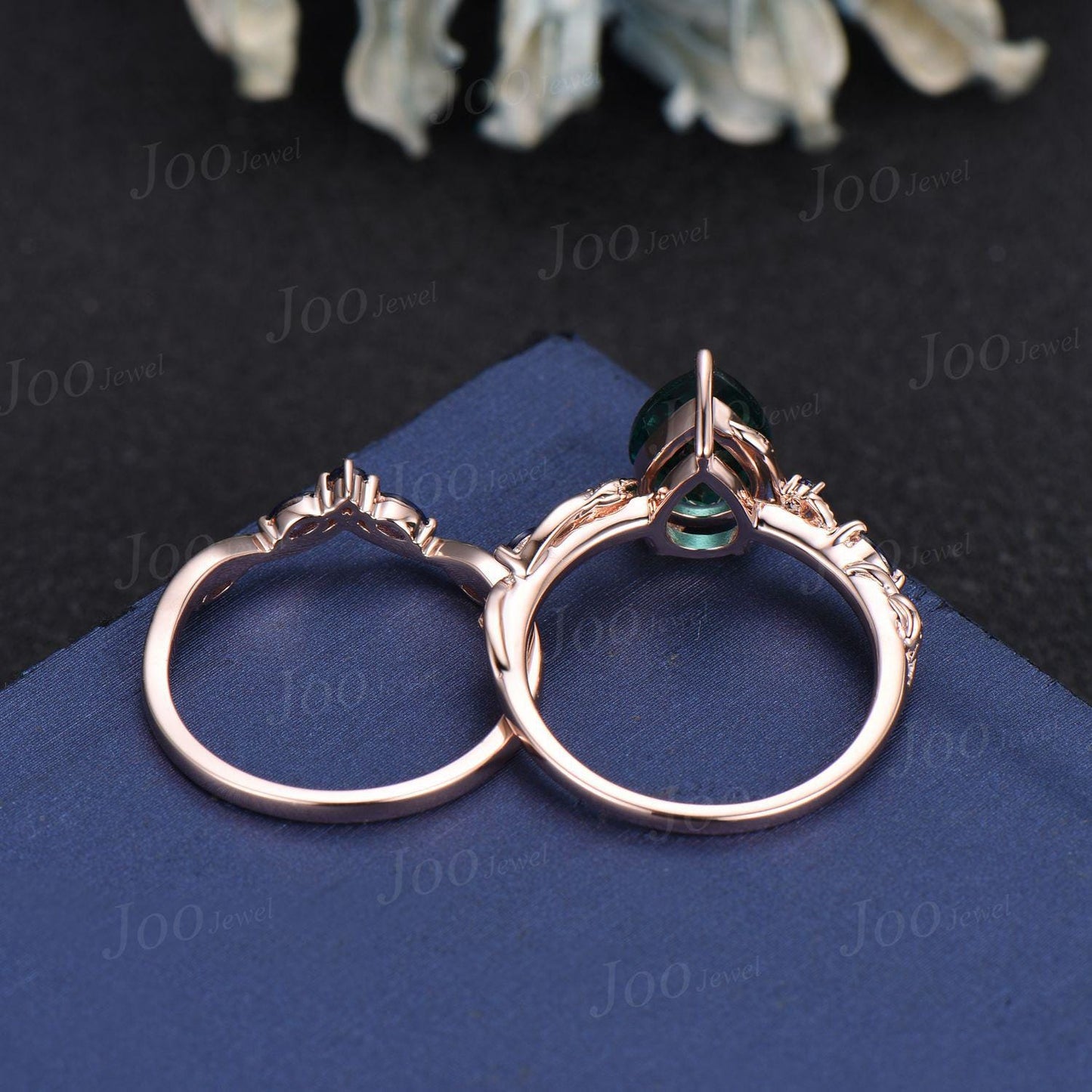 7*10MM Pear Cut Green Emerald Engagement Ring Set Twig Vine Leaf Blue Sapphire Wedding Band Teardrop Bridal Ring May Birthstone Gift Women