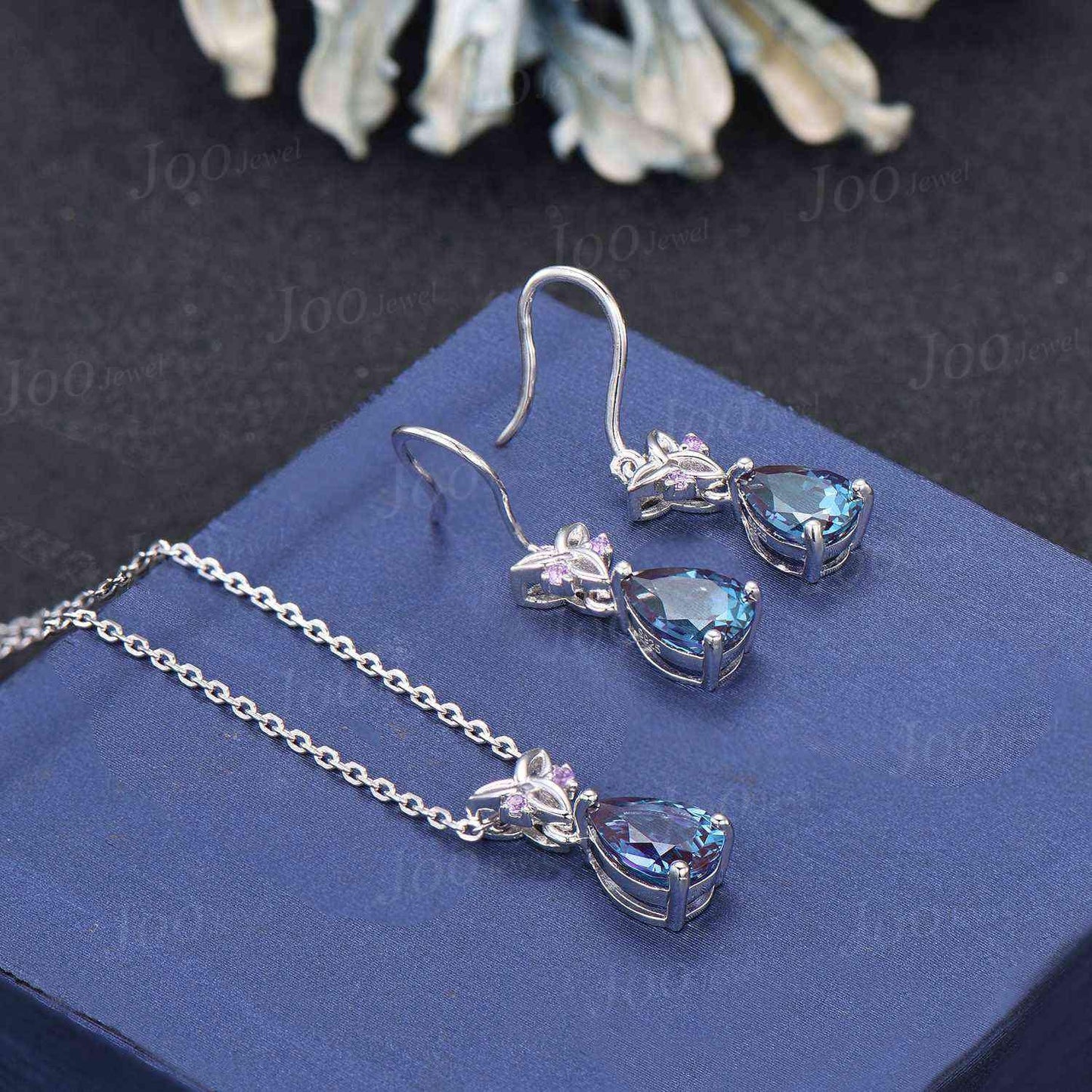Color-Change Alexandrite Drop Earrings Necklace Set Sterling Silver Pear Alexandrite Amethyst Celtic Trinity Knot Earrings Pendant for Women