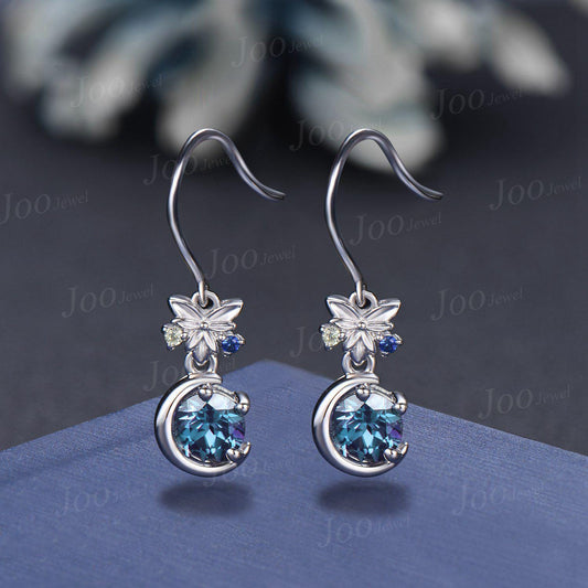 5mm Round Color-Change Alexandrite Moon Earrings Celtic Knot Trinity Earrings Silver Leaf Personalized Gemstone Dangle Earrings for Women