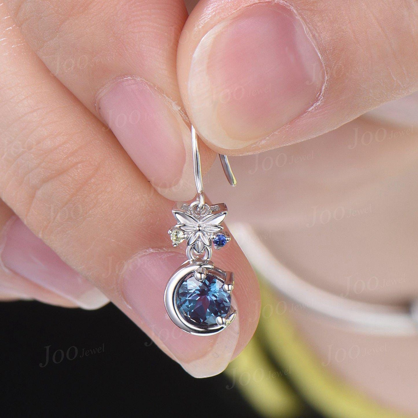 5mm Round Color-Change Alexandrite Moon Earrings Celtic Knot Trinity Earrings Silver Leaf Personalized Gemstone Dangle Earrings for Women