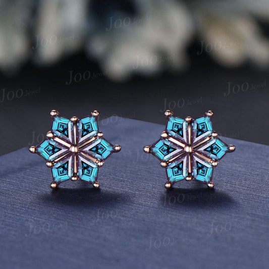 Color-Change Alexandrite Stud Earrings Vintage 14K Solid Rose Gold Snowflake Earrings Kite Gemstone Earrings for Women Christmas Earrings