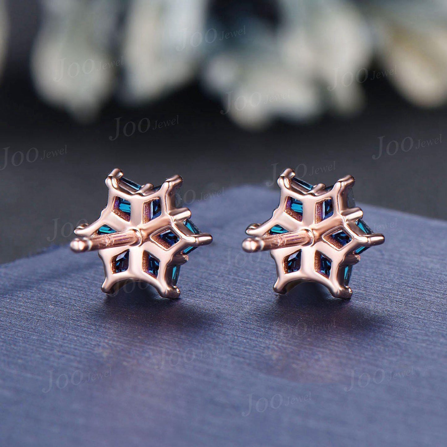 Color-Change Alexandrite Stud Earrings Vintage 14K Solid Rose Gold Snowflake Earrings Kite Gemstone Earrings for Women Christmas Earrings