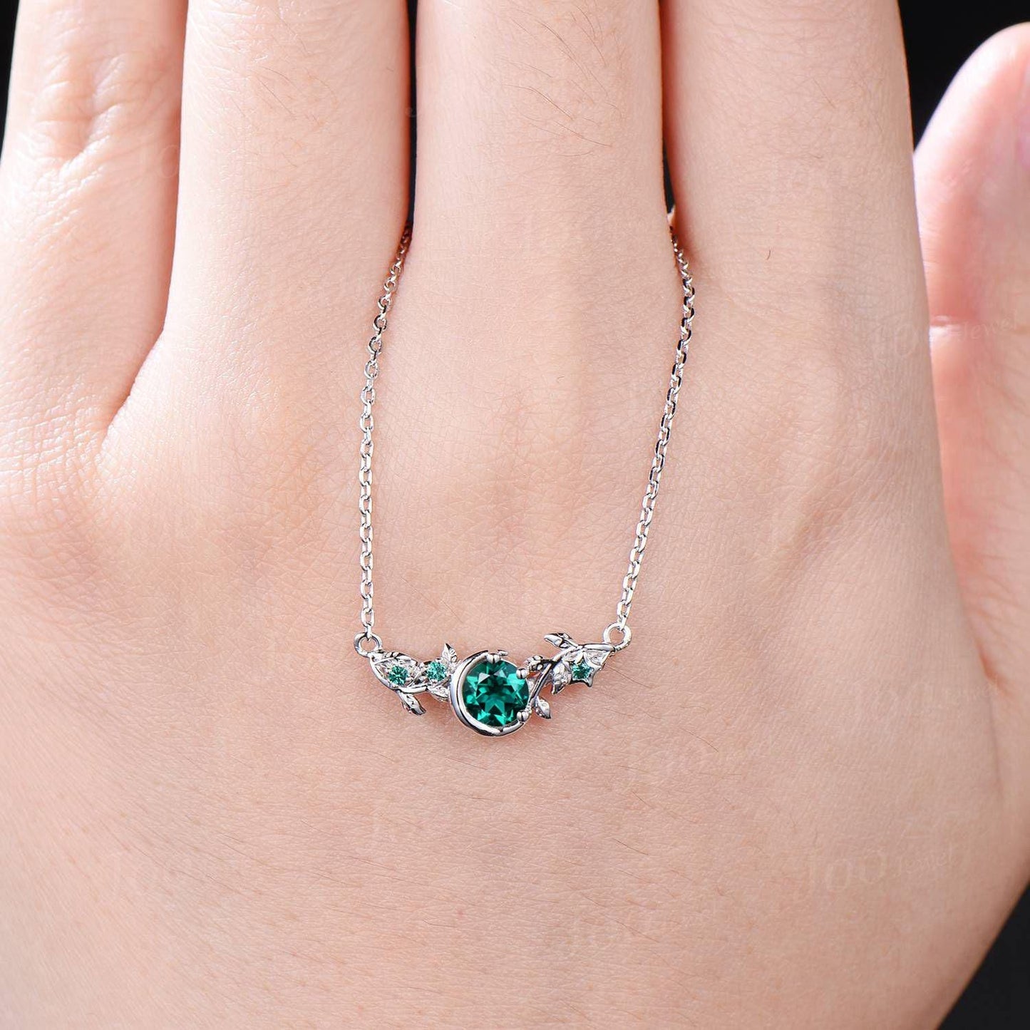 Round Cut Green Emerald Leaf Necklace Sterling Silver Crescent Moon Curved Pendant Unique May Birthstone Birthday Anniversary Gift For Women
