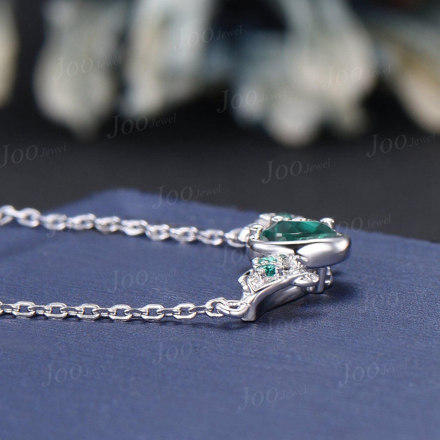 Round Cut Green Emerald Leaf Necklace Sterling Silver Crescent Moon Curved Pendant Unique May Birthstone Birthday Anniversary Gift For Women