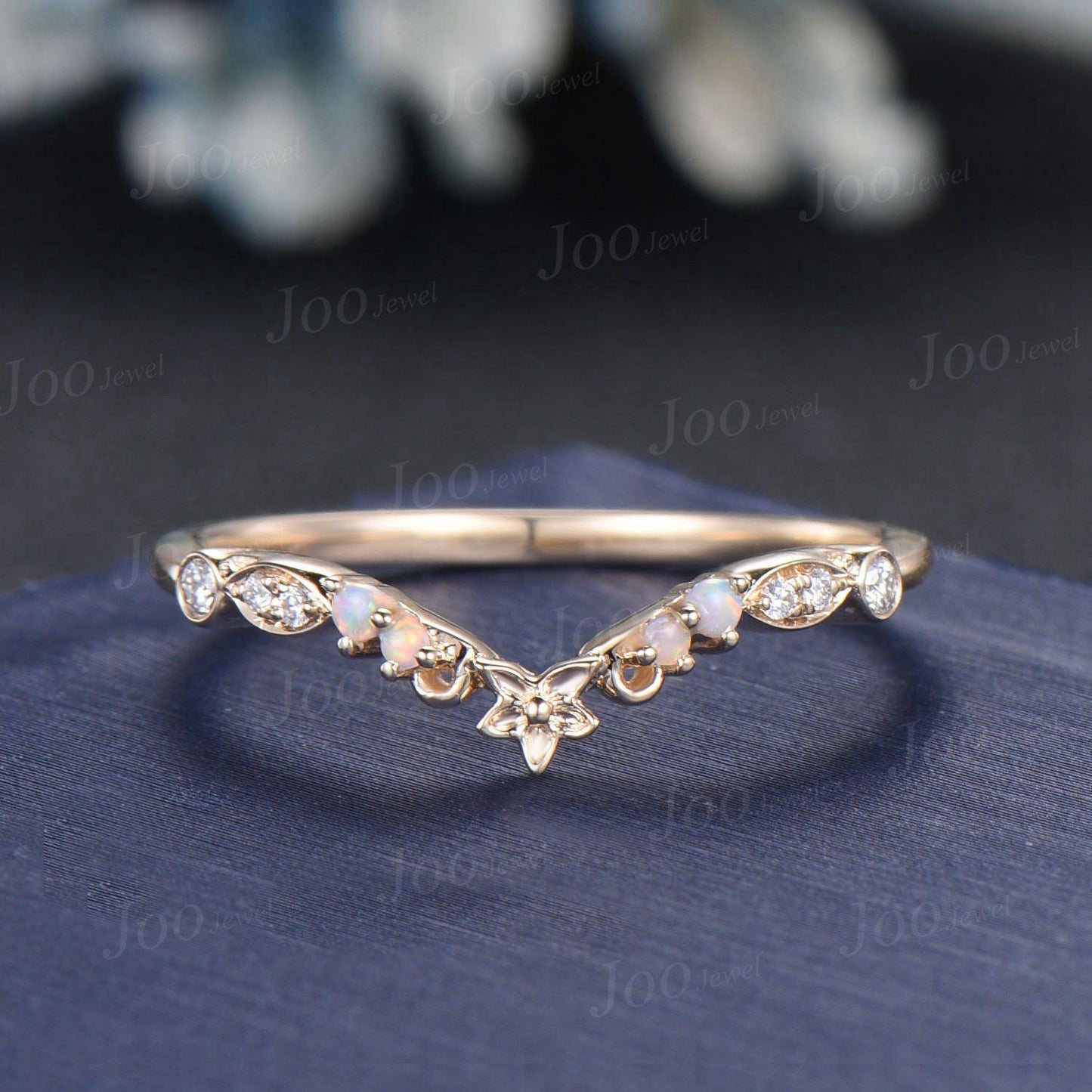 Nature Inspired White Opal Contour Wedding Band 14K Gold Unique Curved Floral Wedding Ring Stackable Filigree Bridal Twig Vine Promise Ring