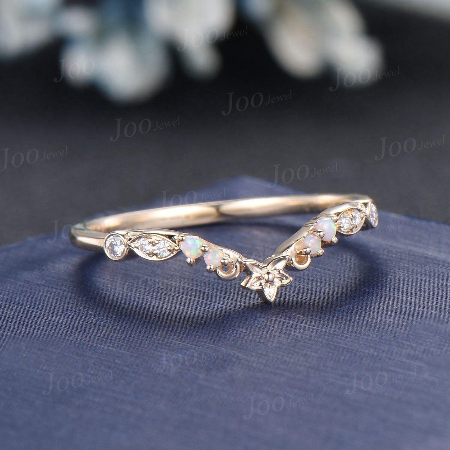 Nature Inspired White Opal Contour Wedding Band 14K Gold Unique Curved Floral Wedding Ring Stackable Filigree Bridal Twig Vine Promise Ring