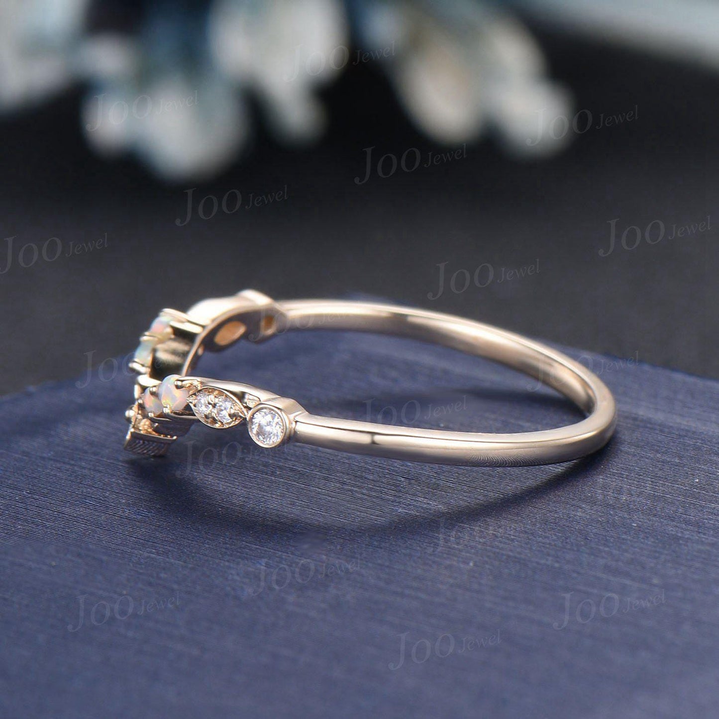 Nature Inspired White Opal Contour Wedding Band 14K Gold Unique Curved Floral Wedding Ring Stackable Filigree Bridal Twig Vine Promise Ring