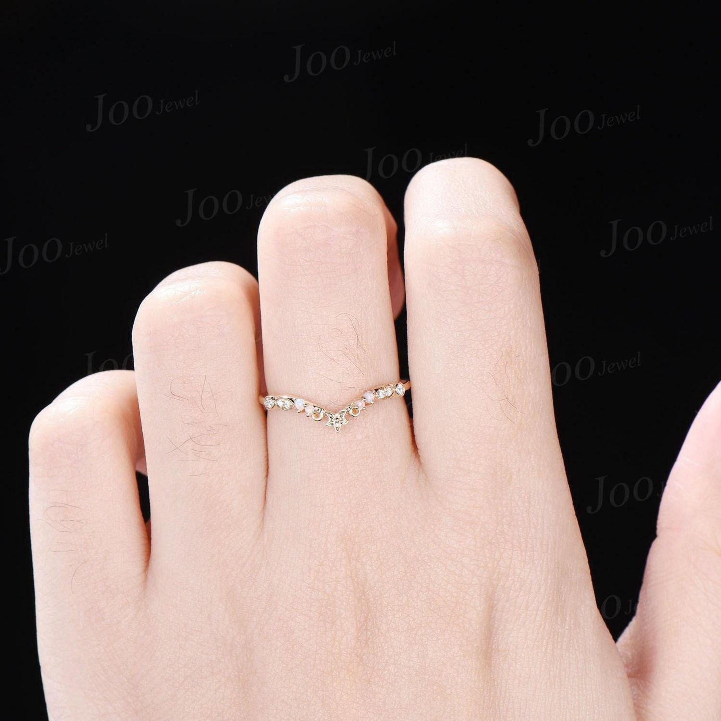 Nature Inspired White Opal Contour Wedding Band 14K Gold Unique Curved Floral Wedding Ring Stackable Filigree Bridal Twig Vine Promise Ring