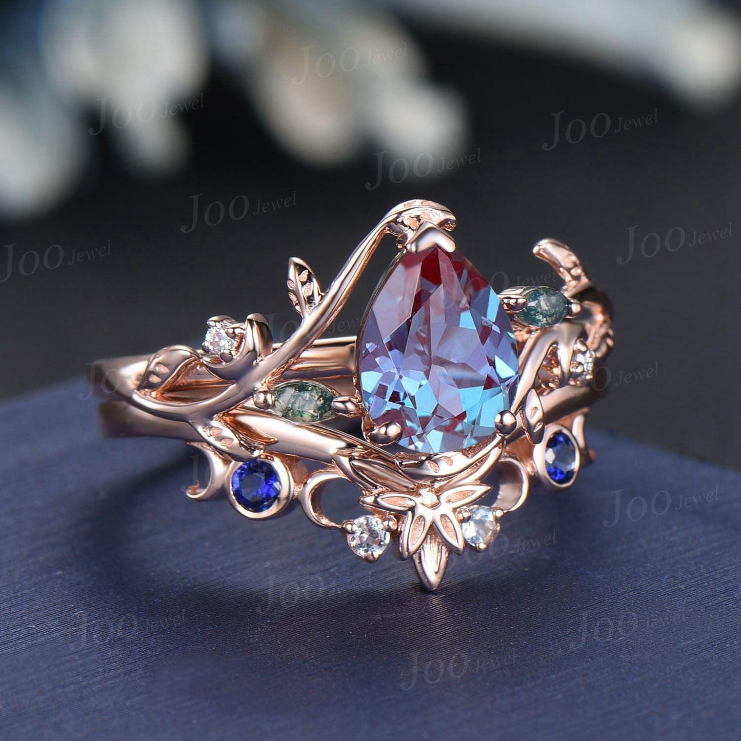 1.25ct Pear Cut Color-Change Alexandrite Crescent Moon Bridal Set Triple Moon Leaf Celtic Wedding Band Branch Twig Vine Alexandrite Ring Set