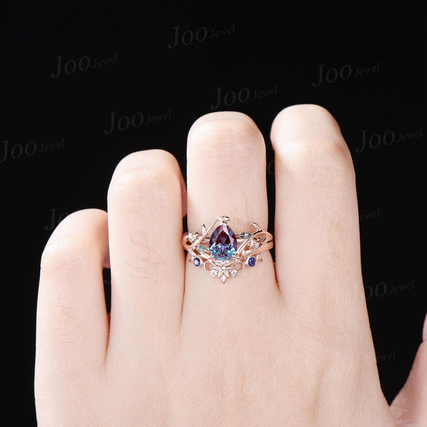 1.25ct Pear Cut Color-Change Alexandrite Crescent Moon Bridal Set Triple Moon Leaf Celtic Wedding Band Branch Twig Vine Alexandrite Ring Set