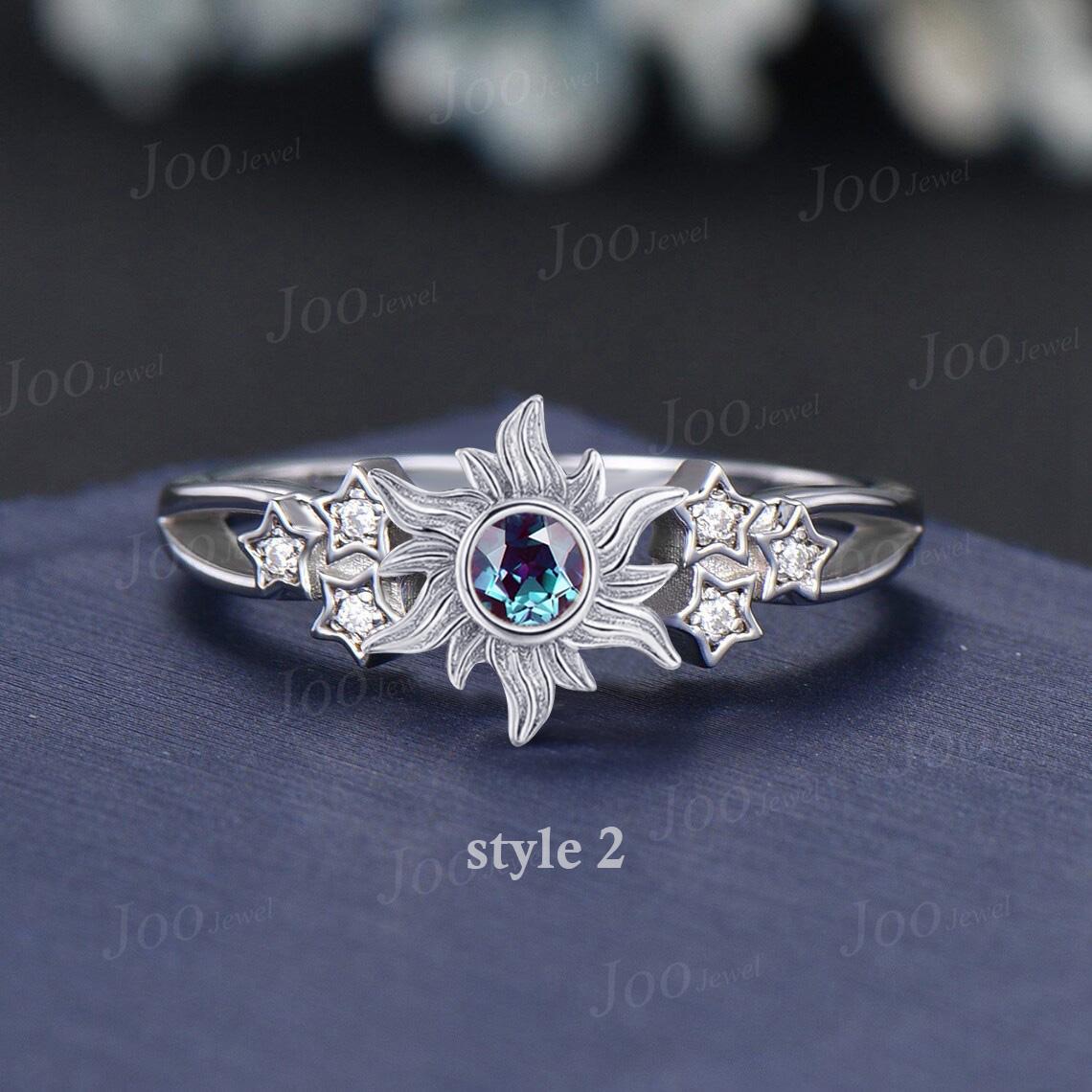 Sterling Silver Sun Engagement Ring Twig Vine Color-Changed Alexandrite Wedding Ring Cluster Amethyst Promise Ring Rapunzel Inspired Jewelry