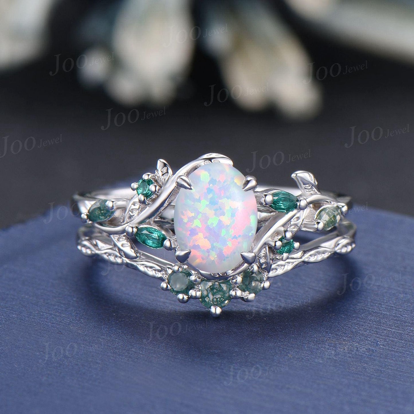 1.5ct Oval Cut White Opal Bridal Ring Set 10K Rose Gold Branch Engagement Ring Emerald Opal Wedding Ring Moss Agate Wedding Band for Women
