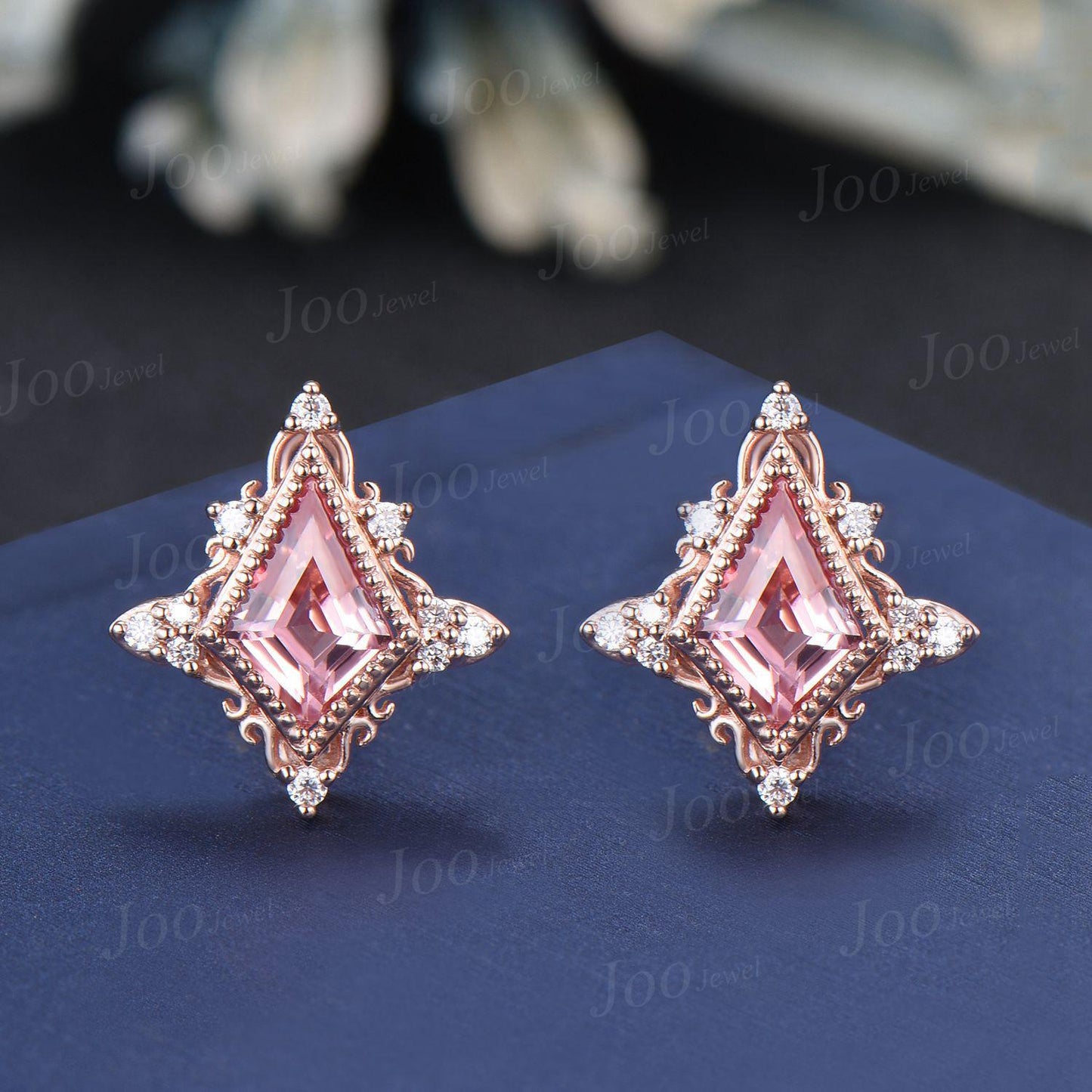 Filigree Design Stud Earrings 1ct Kite Cut Pink Padparadscha Earrings Sterling Silver Vintage Art Deco Summer Candy Vacation Beach Earrings