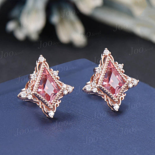 Filigree Design Stud Earrings 1ct Kite Cut Pink Padparadscha Earrings Sterling Silver Vintage Art Deco Summer Candy Vacation Beach Earrings