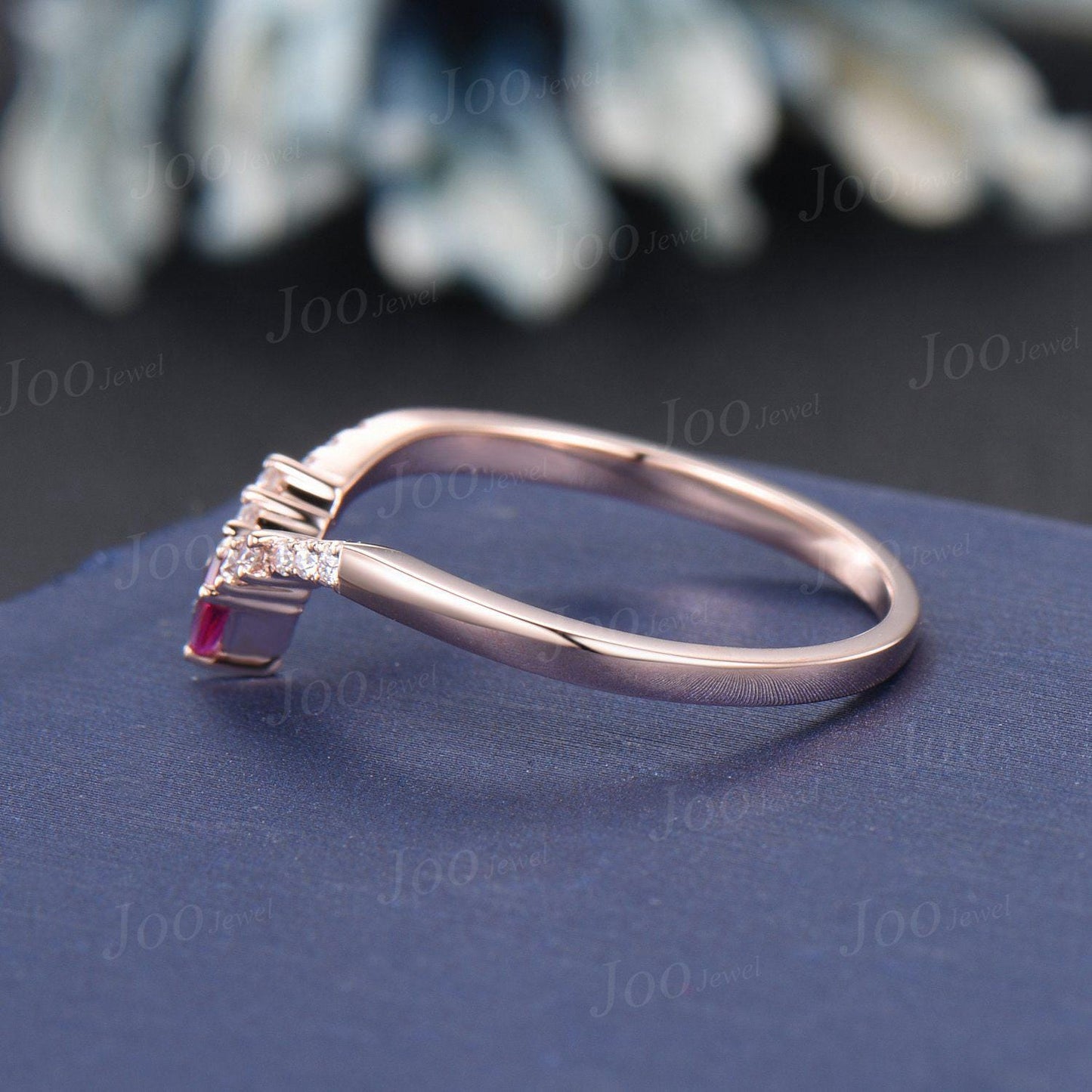 Kite Garnet Moissanite Curved Wedding Band Vintage 10K White Gold January Birthstone Nesting Band Red Gemstone Ring Anniversary Promise Gift