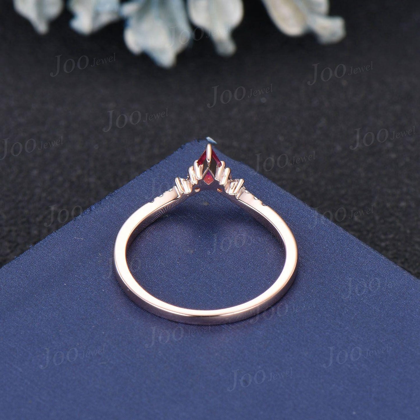 Kite Garnet Moissanite Curved Wedding Band Vintage 10K White Gold January Birthstone Nesting Band Red Gemstone Ring Anniversary Promise Gift