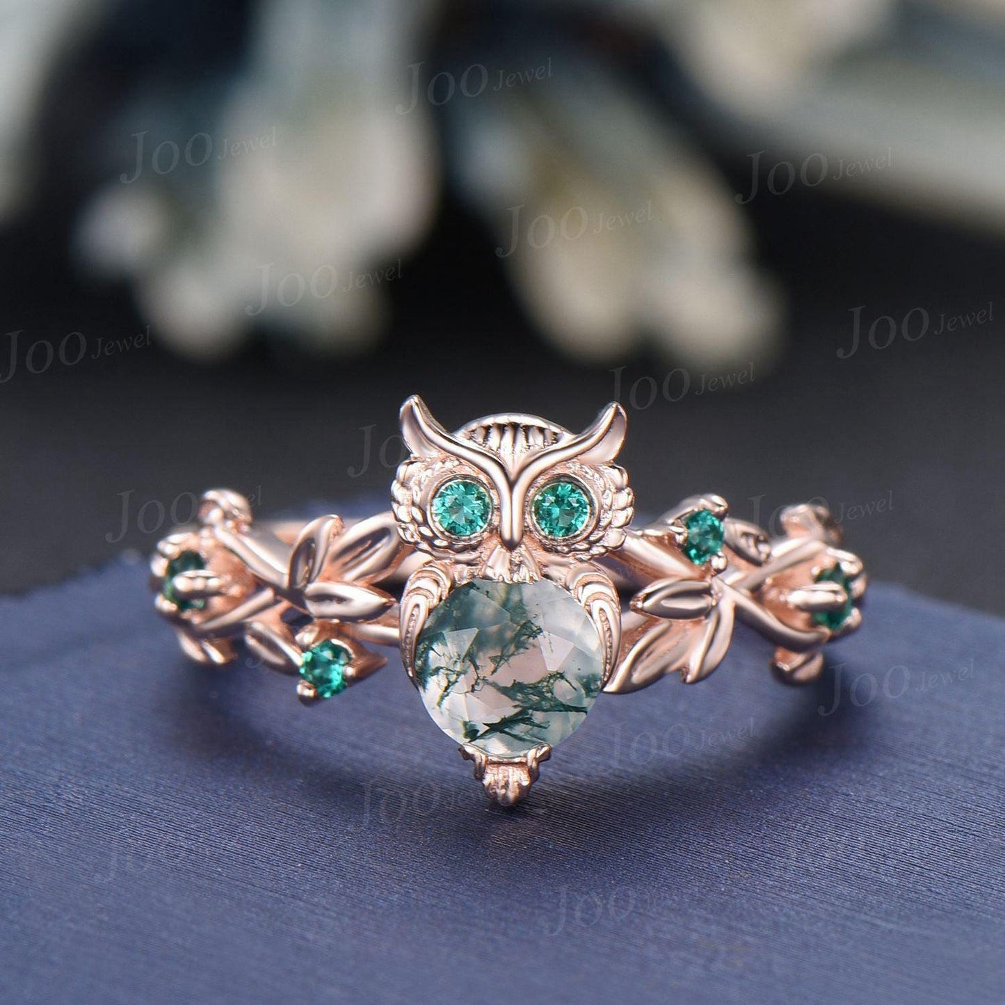 Unique Owl Branch Engagement Ring with Emeralds Twig Ring Forest Green Moss Agate Engagement Ring, Fairy Nature Wedding Ring Owl Lover Gifts