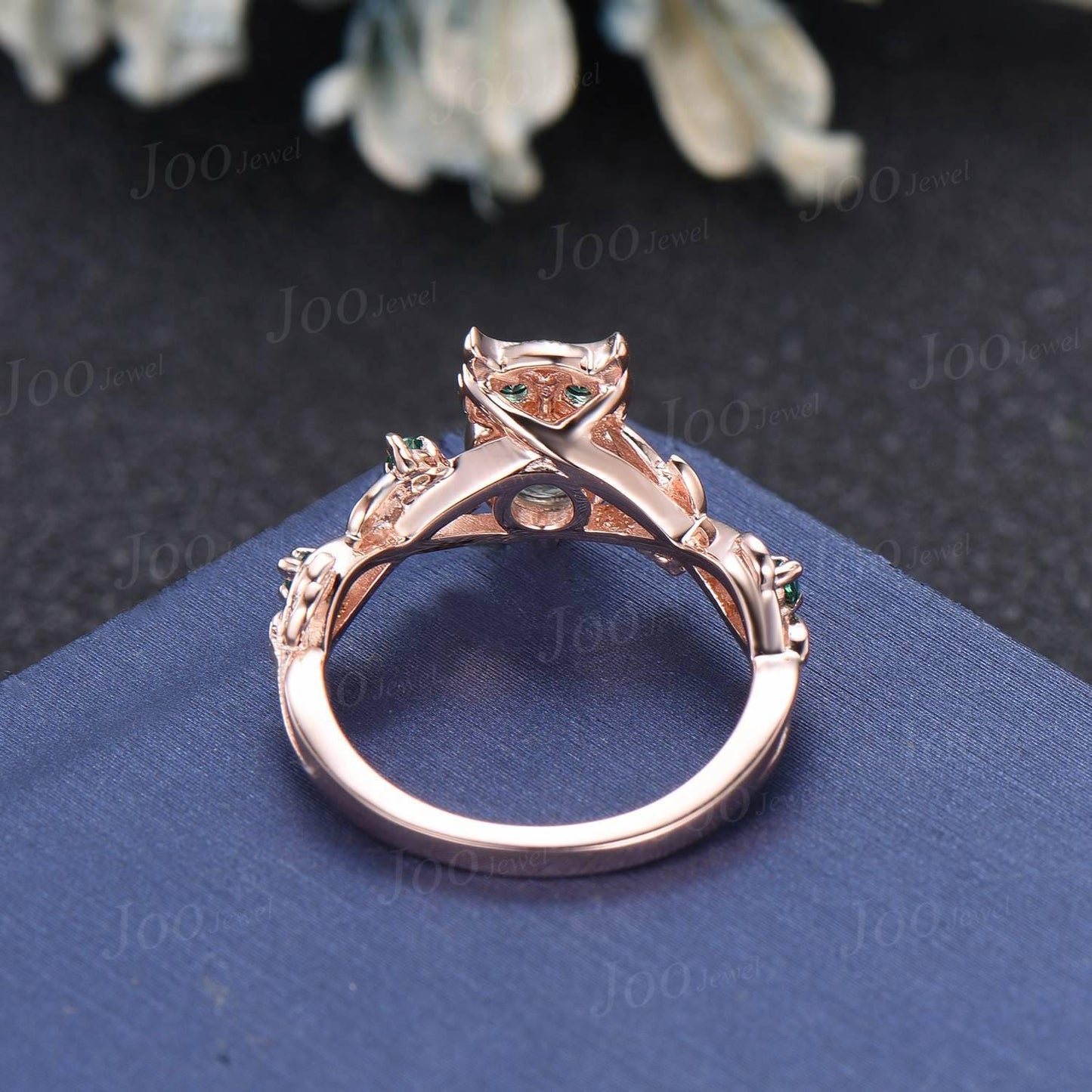 Unique Owl Branch Engagement Ring with Emeralds Twig Ring Forest Green Moss Agate Engagement Ring, Fairy Nature Wedding Ring Owl Lover Gifts