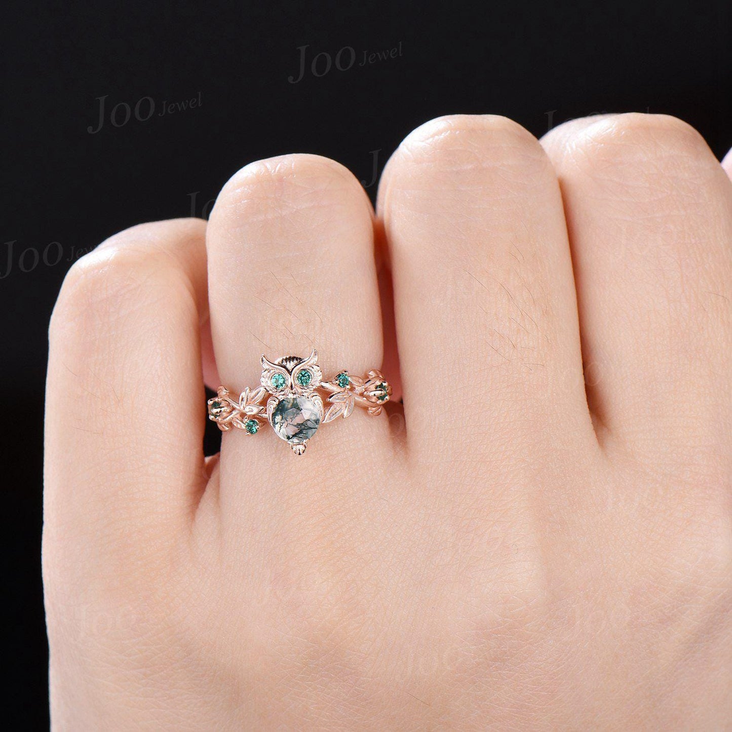 Unique Owl Branch Engagement Ring with Emeralds Twig Ring Forest Green Moss Agate Engagement Ring, Fairy Nature Wedding Ring Owl Lover Gifts
