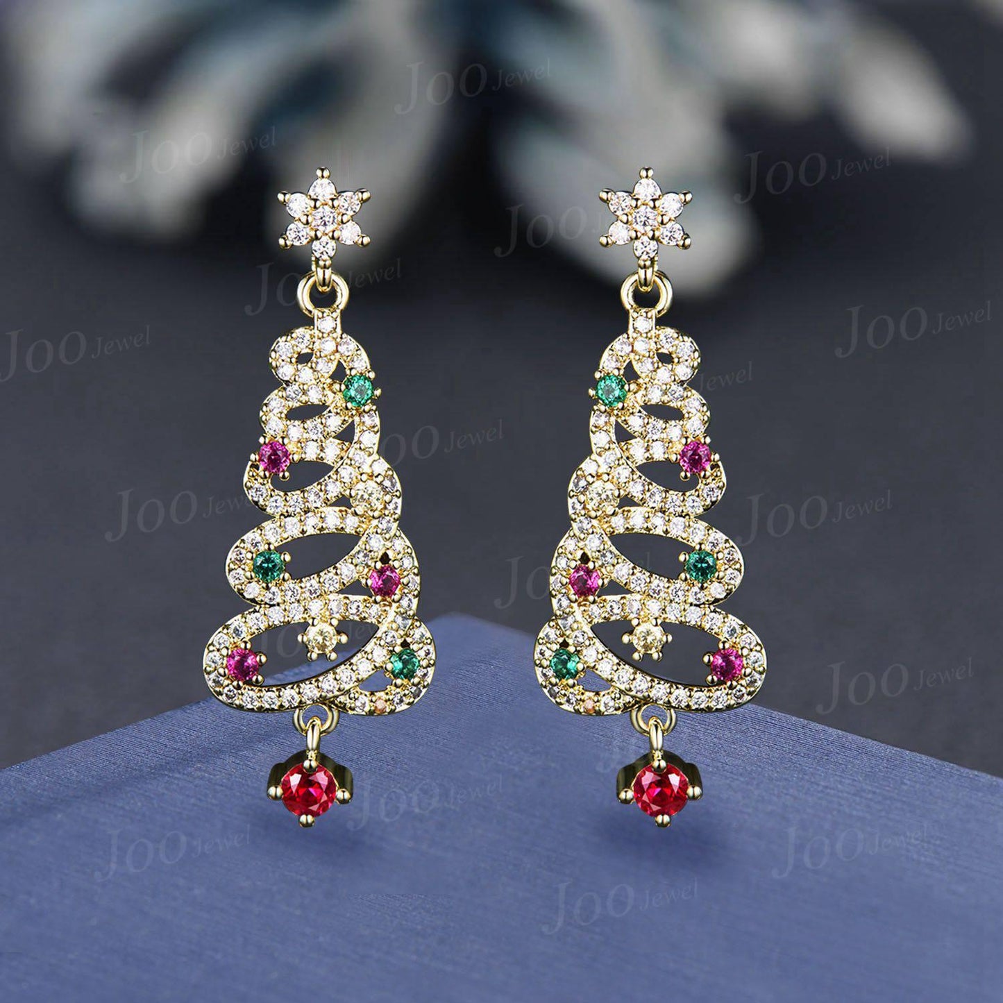 1 Pair Christmas Tree Earrings 10K/14K/18K Solid Gold Ruby Emerald Earrings Unique Luxury Holiday Earrings Christmas Jewelry Gift for Family