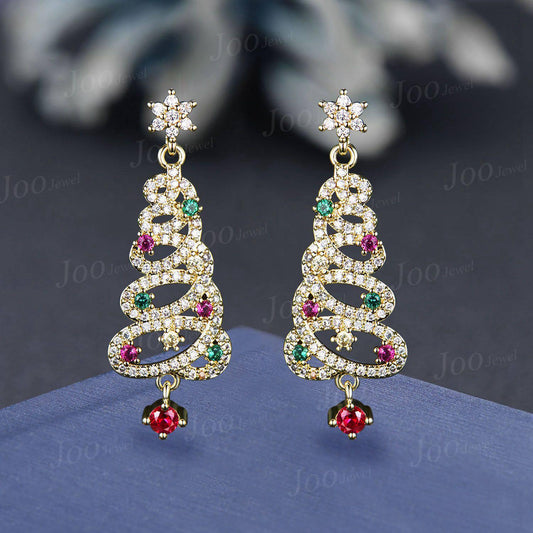 1 Pair Christmas Tree Earrings 10K/14K/18K Solid Gold Ruby Emerald Earrings Unique Luxury Holiday Earrings Christmas Jewelry Gift for Family